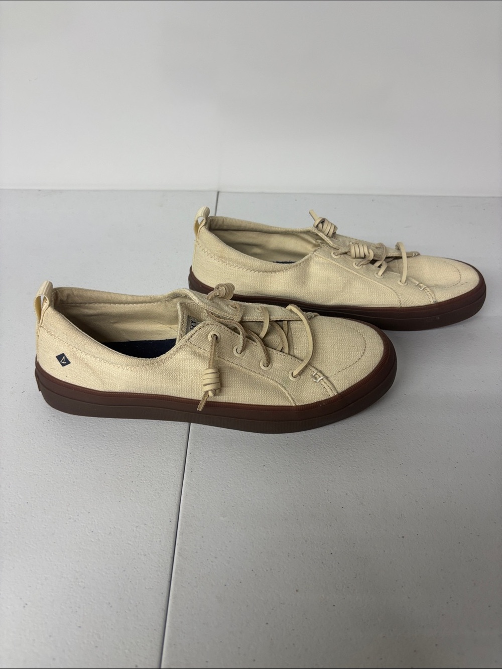 Sperry Cream Canvas Boat Shoes with Brown Sole